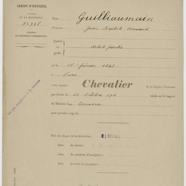 Peintres de l'école de Crozant Documents Armand Guillaumin - Légion d'honneur custom text
