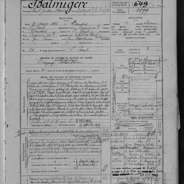 Peintres de l'école de Crozant Documents Paul Balmigère - fiche militaire custom text