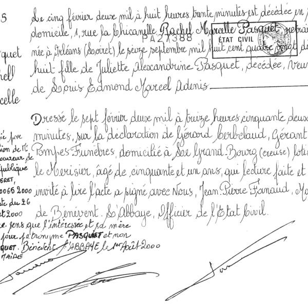 Peintres de l'école de Crozant Documents Adenis Rachel - Acte de décès custom text