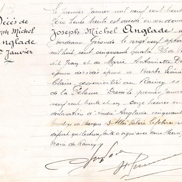 Peintres de l'école de Crozant Documents Anglade Gaston - Acte de décès custom text