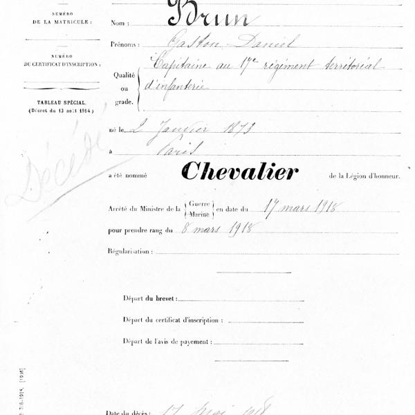 Peintres de l'école de Crozant Documents Brun Gaston Daniel - Légion d'honneur custom text