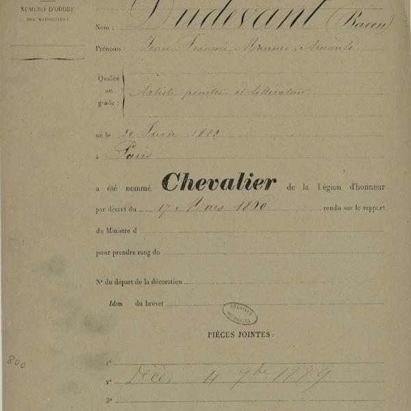 Peintres de l'école de Crozant Documents Maurice Sand - Légion d'honneur custom text