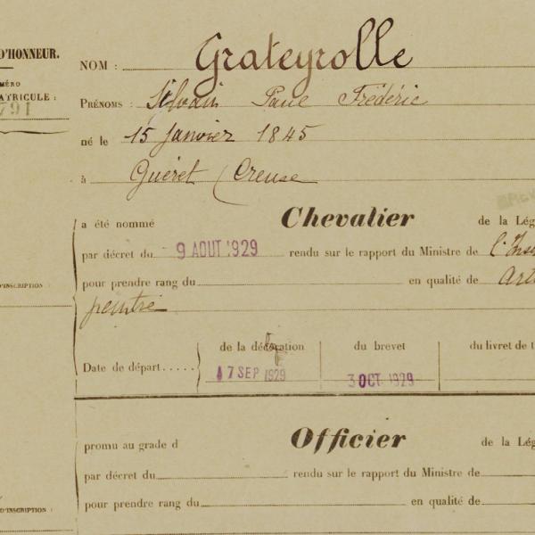 Peintres de l'école de Crozant Documents Légion d'Honneur Grateyrolle custom text