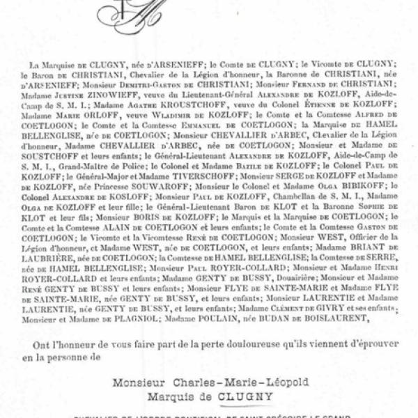 Peintres de l'école de Crozant Documents Décès du Marquis de CLUGNY custom text
