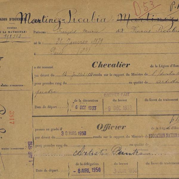 Peintres de l'école de Crozant Documents Francis Picabia - Légion d'honneur custom text